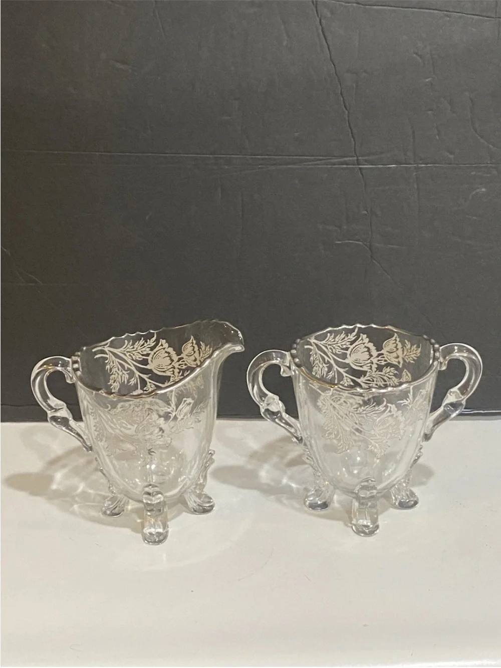 Vtg Flanders Silver City Poppy Footed Glass Creamer And Sugar Set